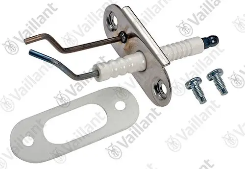 Vaillant Elektrode mit zwei gebogenen Enden, montiert auf einer Metallplatte. Beigefügte Schrauben zur Befestigung und eine Metallplatte mit quadratischer Öffnung im Hintergrund.
